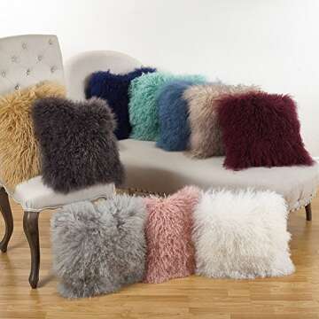 Occasion Gallery Gold Tone Color Real Mongolian Lamb Fur Pillow, Filled. 16 Inch Square