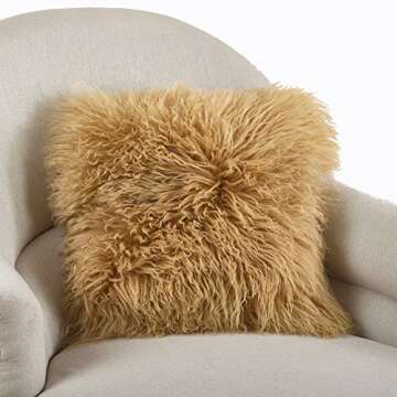 Occasion Gallery Gold Tone Color Real Mongolian Lamb Fur Pillow, Filled. 16 Inch Square
