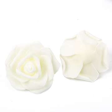 Artificial Rose Flowers, 100 pcs Foam Rose Bulk Ivory Fake flower heads for DIY Wedding Bouquets Ros...