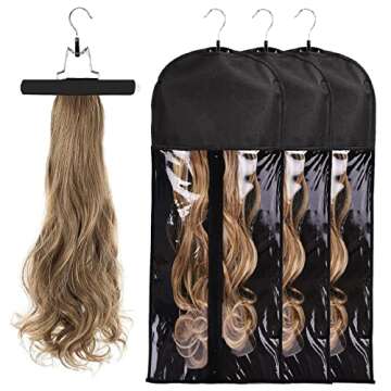 5 Packs Extra Long Hair Extensions Holder Wigs Storage Bag with Wooden Hangers Hairpieces Ponytail B...