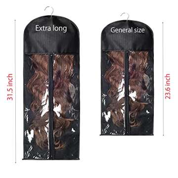 5 Packs Extra Long Hair Extensions Holder Wigs Storage Bag with Wooden Hangers Hairpieces Ponytail Bundles Carrier Case Hanging Protector Pouch for Travel Daily Use (Black)