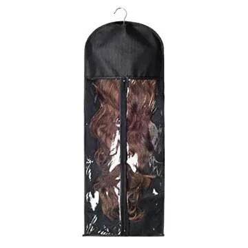 5 Packs Extra Long Hair Extensions Holder Wigs Storage Bag with Wooden Hangers Hairpieces Ponytail Bundles Carrier Case Hanging Protector Pouch for Travel Daily Use (Black)