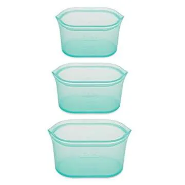 Zip Top Reusable Food Storage Bags | 3 Dish Set [Teal] | Silicone Meal Prep Container | Microwave, D...
