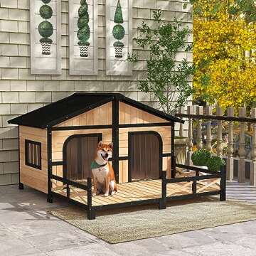 PawHut Wooden Large Dog House Outdoor Double XL Dog Kennel with Elevated Floor and Porch, Weatherpro...