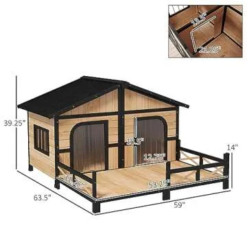 PawHut Wooden Large Dog House Outdoor Double XL Dog Kennel with Elevated Floor and Porch, Weatherproof Puppy Shelter for Small and Medium Breed Dogs, Natural