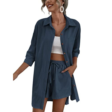 Zeagoo Womens Coordinated Outfit Tracksuit Sets Solid Short Sleeve Shirt And Loose High Waisted Mini...