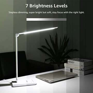 LE Dimmable LED Desk Lamp, 7-Level Brightness Adjustable, Soft Touch Dimmer, Eye Care Daylight Natural Light, High Intensity Office Task Lamp for Reading, Study, Computer Work and More (Silver White)