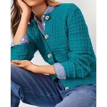 PRETTYGARDEN Women's Knit Cardigan Sweaters Casual Long Sleeve Open Front Button Down Trendy Jackets Outerwear (Peacock Blue,Medium)
