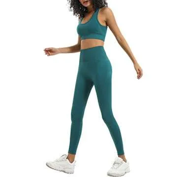 HAODIAN Women's Yoga Outfits 2 Piece High Waisted Leggings with Sports Bra Gym Clothes Sets(Green,M)