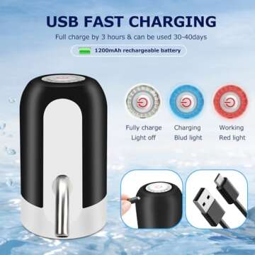KUFUNG Water Dispenser for 5 Gallon Bottle - Rechargeable Water Pump for 5 Gal Jug, BPA-Free, Food Grade Silicone Hose, Stainless Steel Spout - 30-40 Days Battery Life, Easy One Switch Operation