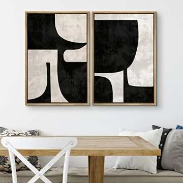 SIGNWIN Framed Canvas Print Wall Art Set Mid-Century Black Polygon Variety Abstract Shapes Illustrations Modern Art Decorative Contemporary for Living Room, Bedroom, Office - 24"x36"x2 Natural