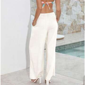 Duyang Womens Cotton Linen Palazzo Pants Drawstring Elastic Waist Casual Wide Leg Trousers with Pock...