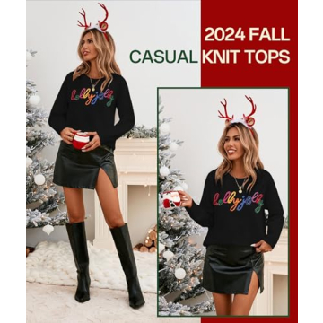 MARZXIN Women 2025 Casual Holiday Sweaters Long Sleeve Round Neck Valentine Sweater Tops Merry Christmas Sweaters Black Holly Jolly M