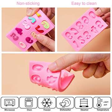 Patelai 4 Pcs Valentines Day Silicone Molds Silicone Chocolate Letter Numbers Molds for DIY Non-stick and Easy to Release 0-9 Number and 26 Molds for Baking Desserts Cake Party Favors(0.7 Inch,Pink)