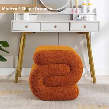 CALABASH Modern Foot Stool Ottoman, S-Shaped Vanity Stool, Upholstered Sofa Footrest Extra Seating Pouf for Bedroom, Entryway, Living Room, Children's Room(Teddy-Orange)