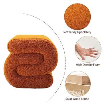 CALABASH Modern Foot Stool Ottoman, S-Shaped Vanity Stool, Upholstered Sofa Footrest Extra Seating Pouf for Bedroom, Entryway, Living Room, Children's Room(Teddy-Orange)