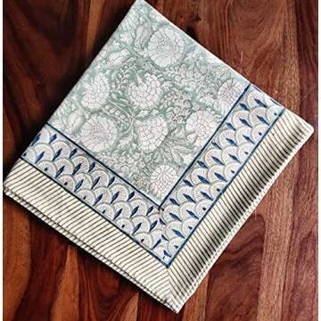 ATOSII Jade 100% Cotton Boho Rectangle Summer Tablecloth, Block Print Floral Table Cloth Linen for D...