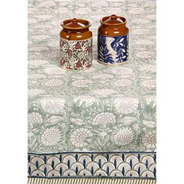 ATOSII Jade 100% Cotton Boho Rectangle Summer Tablecloth, Block Print Floral Table Cloth Linen for Dining, Parties, Weddings, Outdoors Table Decor I 60 X 90 Inches I 6 Seater I