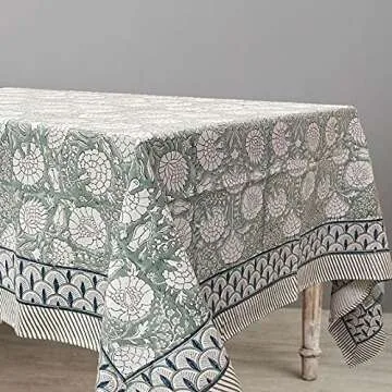 ATOSII Jade 100% Cotton Boho Rectangle Summer Tablecloth, Block Print Floral Table Cloth Linen for Dining, Parties, Weddings, Outdoors Table Decor I 60 X 90 Inches I 6 Seater I