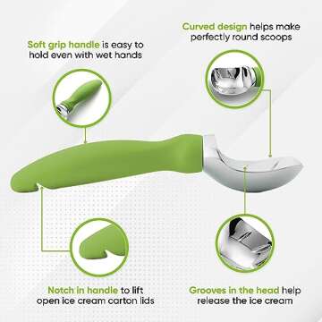 Spring Chef Green Heavy Duty Ice Cream Scoop with Non-Slip Handle - Professional Metal Ice Cream Scooper for Cookie Dough, Frozen Yoghurt, Gelato, Sorbet, Melon - Dishwasher Safe Kitchen Tool