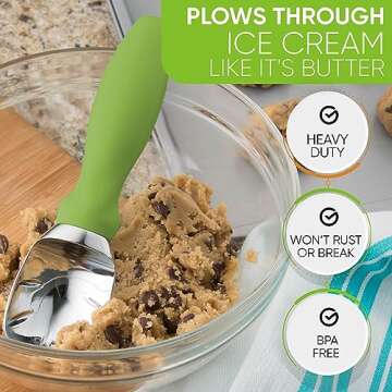 Spring Chef Green Heavy Duty Ice Cream Scoop with Non-Slip Handle - Professional Metal Ice Cream Scooper for Cookie Dough, Frozen Yoghurt, Gelato, Sorbet, Melon - Dishwasher Safe Kitchen Tool