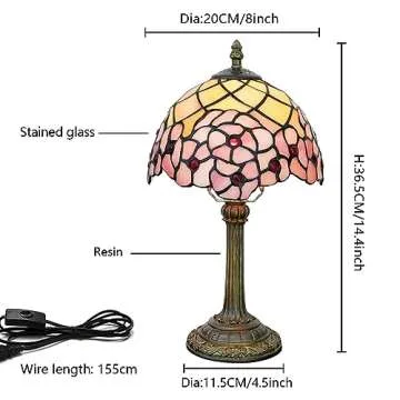 wecrejoni Tiffany Lamp Stained Glass Table Lamp 8X8X14 Inches Desk Reading Light Decor Beside Bedroom Living Room Home (H-1055- Cherry Blossom)