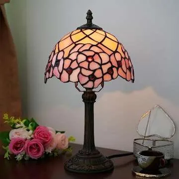 wecrejoni Tiffany Lamp Stained Glass Table Lamp 8X8X14 Inches Desk Reading Light Decor Beside Bedroom Living Room Home (H-1055- Cherry Blossom)