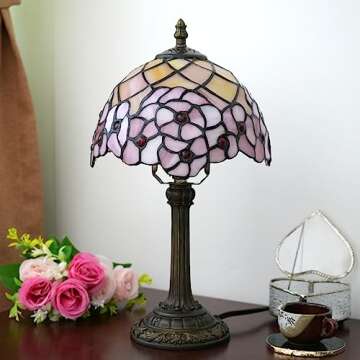 wecrejoni Tiffany Lamp Stained Glass Table Lamp 8X8X14 Inches Desk Reading Light Decor Beside Bedroom Living Room Home (H-1055- Cherry Blossom)