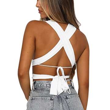 Kaximil Women's Sexy Sleeveless Halter Criss Cross Cami Lace Up Self Tie Tank Crop Tops, S-M, White