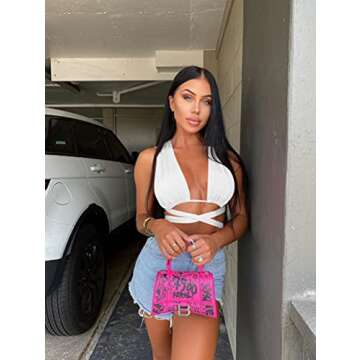 Kaximil Women's Sexy Sleeveless Halter Criss Cross Cami Lace Up Self Tie Tank Crop Tops, S-M, White