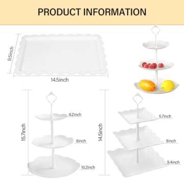 10 Pcs Cake Stand White Plastic Dessert Table Stand Set 4 Pcs 3 Tired Cupcake Display Stands Cookie Tray Rack Serving Tray Cake Display Tower and 6 Pcs Dessert Trays for Wedding Baby Shower Tea Party