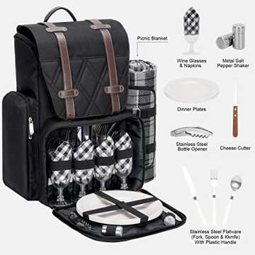 Picnic Backpack for 4 Person with Large Insulated Cooler Bag, Picnic Basket Set with Wine Pouch, Wat...