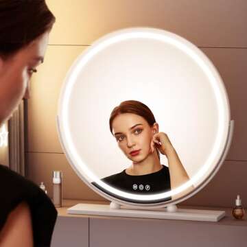 Hasipu Vanity 16" LED Lighted Makeup Mirror with Lights, Smart Touch Control 3 Colors Dimmable Round Mirror Angle Adjustable White