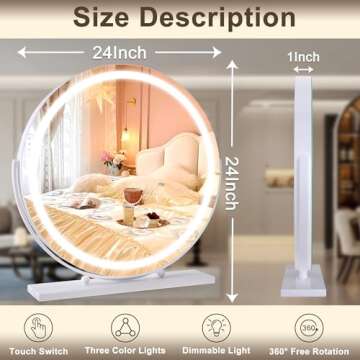 Hasipu Vanity 16" LED Lighted Makeup Mirror with Lights, Smart Touch Control 3 Colors Dimmable Round Mirror Angle Adjustable White