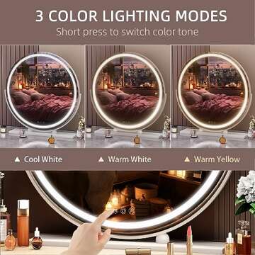 Hasipu Vanity 16" LED Lighted Makeup Mirror with Lights, Smart Touch Control 3 Colors Dimmable Round Mirror Angle Adjustable White