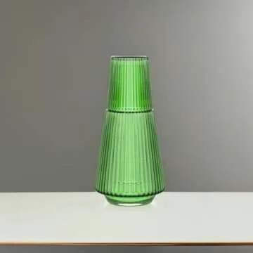 American Atelier Vintage Bedside Water Carafe with Tumbler – 37 Oz Ribbed Pitcher and Matching Drinking Glass Doubles as Lid for Guest Room, Office, or Gift, 4.5”x 9.25" (Green)