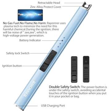 RAYONNER Electric Candle Lighter Rechargeable Lighters Plasma Arc Windproof & Flameless USB Rechargeable with Safety Switch (1Pack, Sierra Blue)