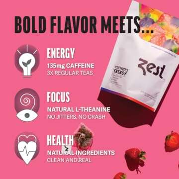 Zest 135mg High Caffeine Energy Leaf Blend - Superberry Samba Green Tea - 20 Pack Bag - Hot or Iced - All Natural Strong Flavored Healthy Coffee Highly Caffeinated Substitute - Perfect for Keto Diet