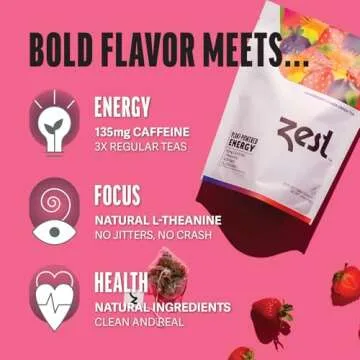 Zest 135mg High Caffeine Energy Leaf Blend - Superberry Samba Green Tea - 20 Pack Bag - Hot or Iced - All Natural Strong Flavored Healthy Coffee Highly Caffeinated Substitute - Perfect for Keto Diet