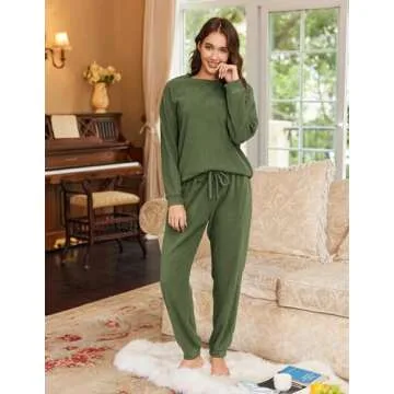 Ekouaer Womens Fuzzy Fleece Pajama Sets Long Sleeve Jogger Sets Comfy Sleepwear Loungewear with Pockets,Large,ArmyGreen