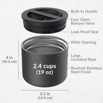 Bentgo Stainless Insulated Food Container - 2.4 Cups (19 oz), Triple-Layer Insulation, Vacuum Seal, Leak-Proof, Built-In Handle, Wide Opening, Premium Stainless Steel, for Cool/Warm Foods (Black)