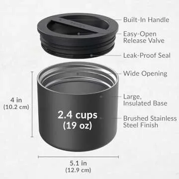 Bentgo Stainless Insulated Food Container - 2.4 Cups (19 oz), Triple-Layer Insulation, Vacuum Seal, Leak-Proof, Built-In Handle, Wide Opening, Premium Stainless Steel, for Cool/Warm Foods (Black)