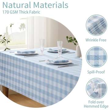 Veblandy Checkered Tablecloth Rectangle Waterproof Gingham Table Cloth Washable Buffalo Plaid Table Cover Wrinkle Free for Kitchen, Dining and Outdoor Picnic, 52 x 70 Inch, Light Blue and White