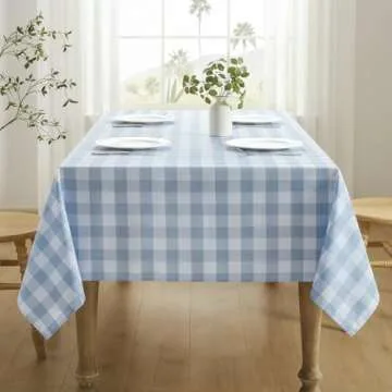 Veblandy Checkered Tablecloth Rectangle Waterproof Gingham Table Cloth Washable Buffalo Plaid Table Cover Wrinkle Free for Kitchen, Dining and Outdoor Picnic, 52 x 70 Inch, Light Blue and White