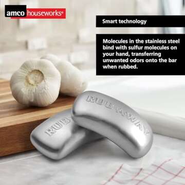 Amco Rub Away Bar, Stainless Steel Odor Absorber (4" x 2.25") - Dishwasher Safe Kitchen & Outdoor Essential for Garlic, Onion, Fishing, Hiking Odors - Natural Odor Remover (Pack of 2)