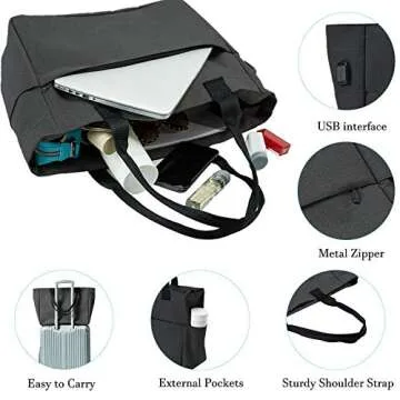 BAJNOKOU Tote Bag for Women Large Work Bags Laptop 15.6-17 Inch Handbag Purse Book Bag with Zipper for Nurse Teacher School,Black