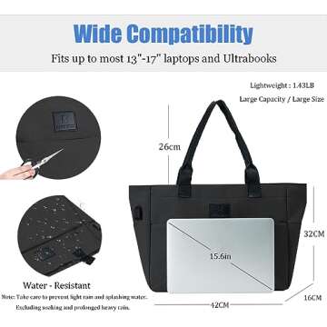 BAJNOKOU Tote Bag for Women Large Work Bags Laptop 15.6-17 Inch Handbag Purse Book Bag with Zipper for Nurse Teacher School,Black