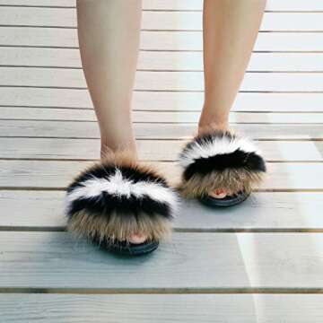 HIPRETTYUS Women's Real Fox Fur Slides, Open Toe Cute Feather Fur Slippers, Indoor or Outdoor Comfortable Furry Slides Sandals With Fluffy Fur And Soft Sole