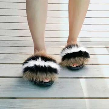 HIPRETTYUS Women's Real Fox Fur Slides, Open Toe Cute Feather Fur Slippers, Indoor or Outdoor Comfortable Furry Slides Sandals With Fluffy Fur And Soft Sole