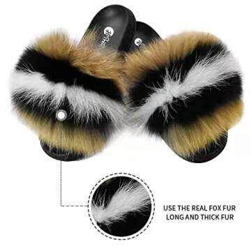 HIPRETTYUS Women's Real Fox Fur Slides, Open Toe Cute Feather Fur Slippers, Indoor or Outdoor Comfortable Furry Slides Sandals With Fluffy Fur And Soft Sole